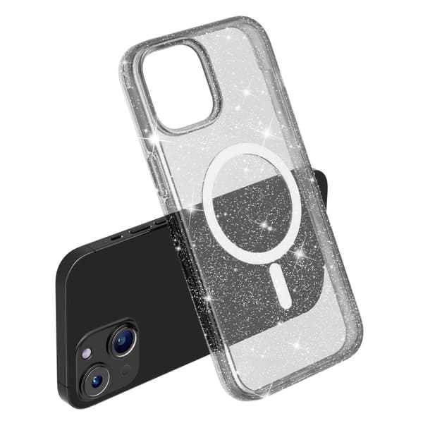 Kimalteleva MagSafe-kuori iPhone 15:lle, läpinäkyvä musta