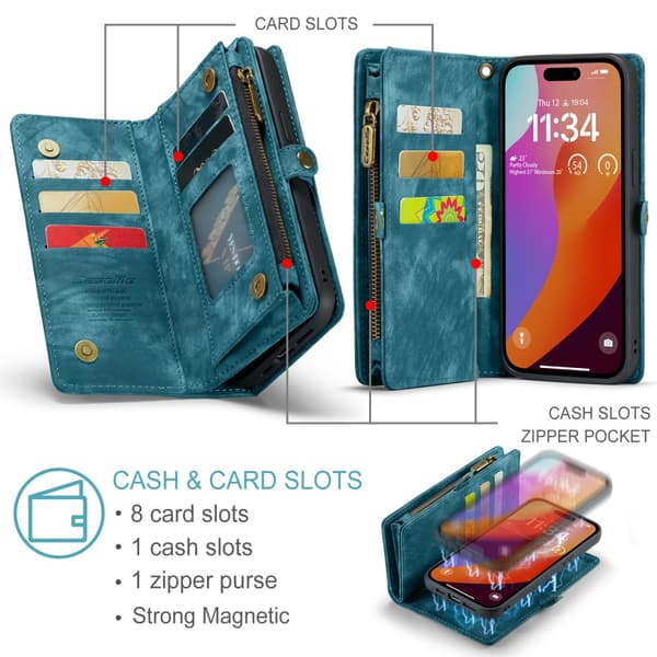 CaseMe Multi-Slot 2 i 1 Plånboksfodral iPhone 16 Pro Max Sininen