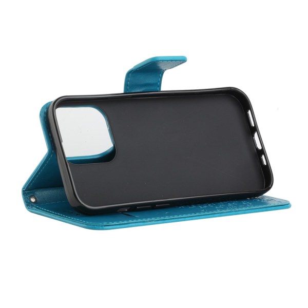 Perhoskuvioinen nahkakotelo iPhone 13 Pro Max -sininen