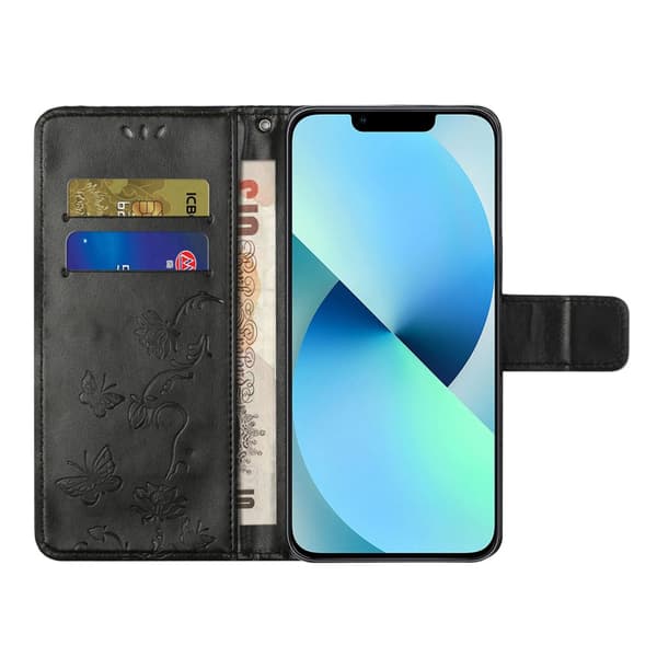 Perhoskuvioitu nahkakotelo iPhone 15 Plus - Musta