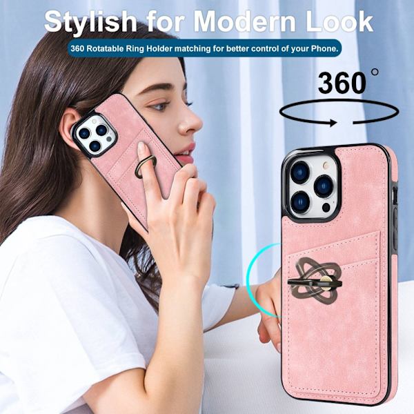 iPhone 14 Pro -korttikotelo, rengas, vaaleanpunainen