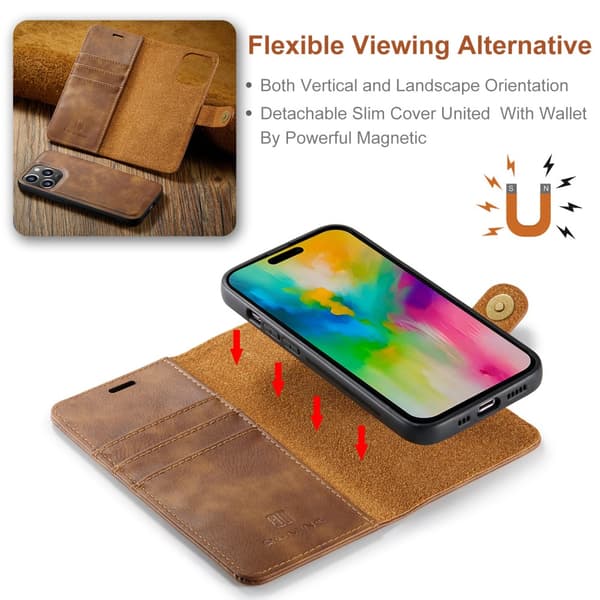 DG.MING 2-i-1 Magnetiskt Plånboksfodral iPhone 16 Pro Cognac