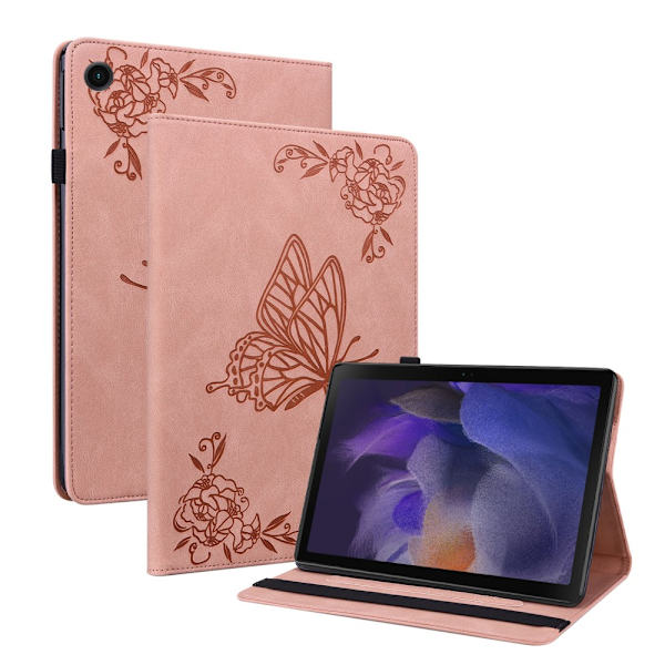 Samsung Galaxy Tab A9 Plus -nahkakotelo, perhoset, vaaleanpunainen