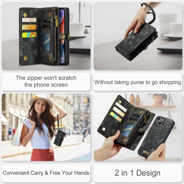 CaseMe Multi-Slot 2 i 1 Pungetui iPhone 15 Plus Sort