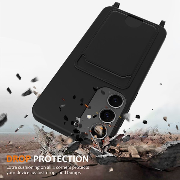 Samsung Galaxy S25 Plus -puhelimen kaulakoru- ja korttitaskukotelo, musta
