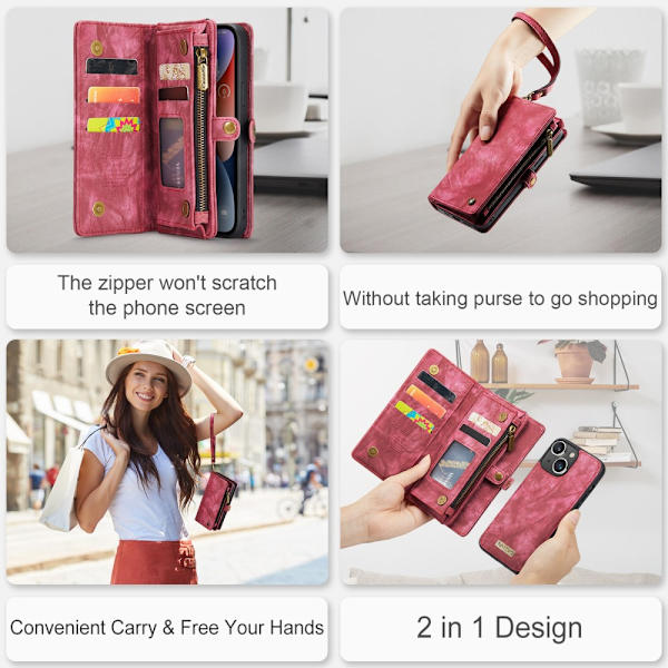 CaseMe Multi-Slot 2 i 1 Plånboksfodral iPhone 15 Punainen