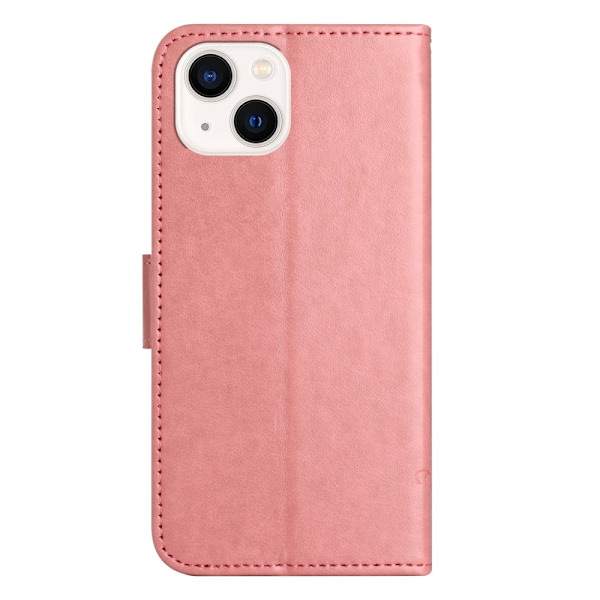 Perhoskuvioinen nahkakotelo iPhone 15:lle, vaaleanpunainen
