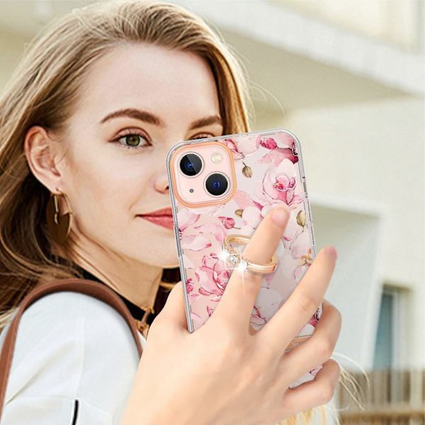 TPU Skal iPhone 15 Ringhållare Rosa Blommor