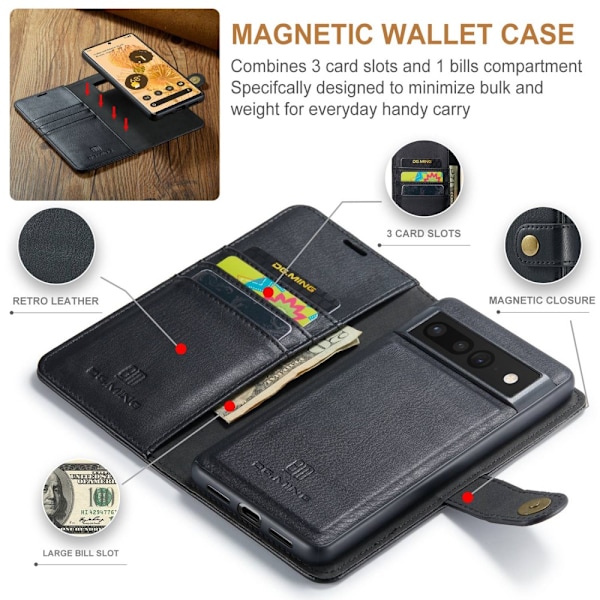 DG.MING 2-in-1 Magnet Plånbok Google Pixel 7 Pro Musta