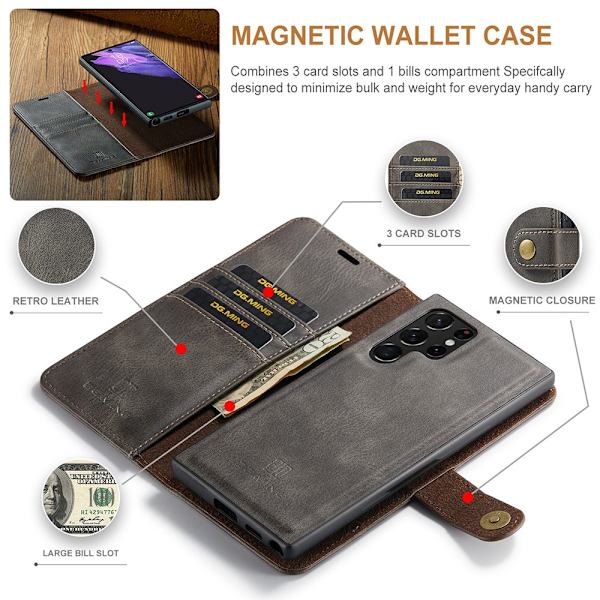 DG.MING 2-in-1 Magnet Wallet Samsung Galaxy S22 Ultra Brown
