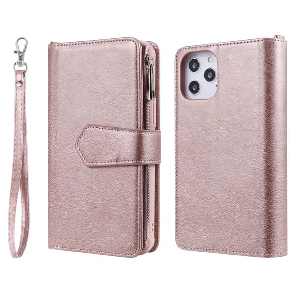 Magnetisk pung med lynlås i læder til iPhone 12 Pro Max Rose Guld