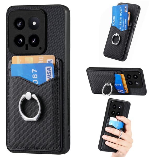 Skal Xiaomi 14 Kortfack + Ring Kolfibertextur
