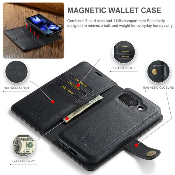 DG.MING 2-i-1 Magnet Wallet Google Pixel 9a Sort