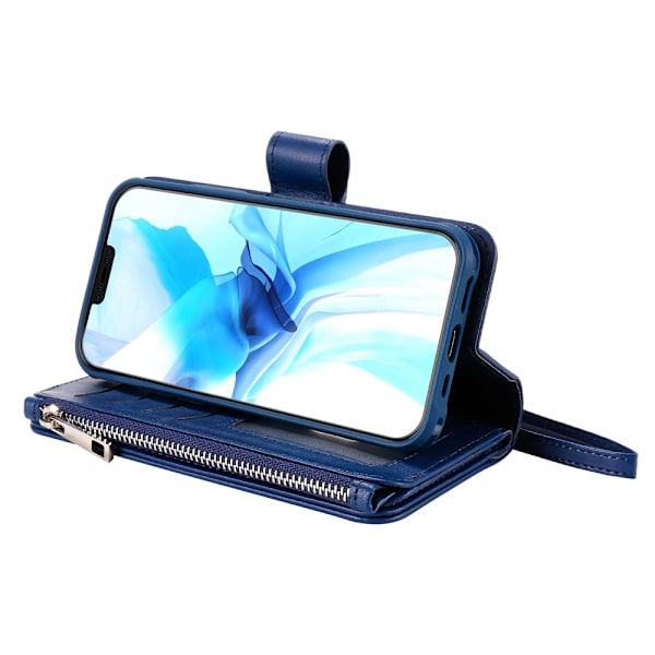 Magnetisk pung med lynlås i læder til iPhone 12/12 Pro Blå