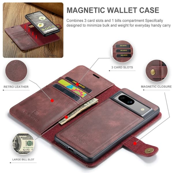 DG.MING 2-i-1 Magnetiskt Plånboksfodral Google Pixel 7a Röd
