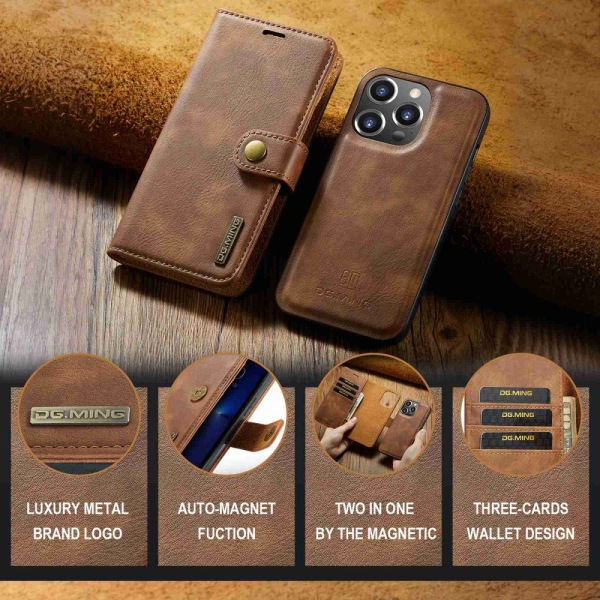 DG.MING 2-i-1 Magnet Wallet iPhone 14 Pro Max Cognac