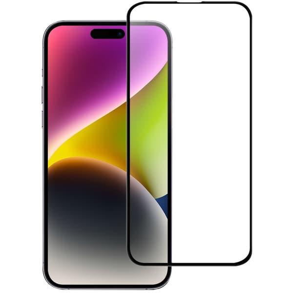 Kattava karkaistu lasinen näytönsuoja iPhone 15 Prolle, musta