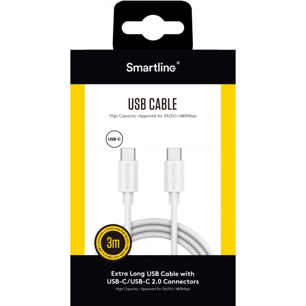 Smartline USB C -kaapeli USB C:hen 3A 3m Valkoinen