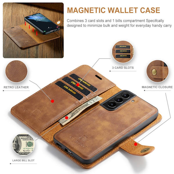 DG.MING 2-in-1 Magnet Wallet Samsung Galaxy S22 Cognac