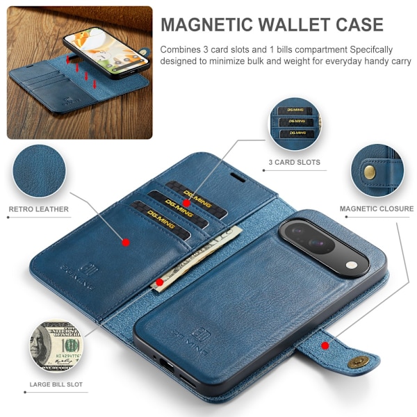 DG.MING 2-in-1 Magnet Wallet Google Pixel 9 Pro Blue