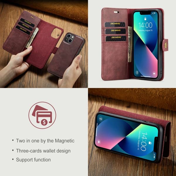 DG.MING 2-i-1 Magnetiskt Plånboksfodral iPhone 14 Röd