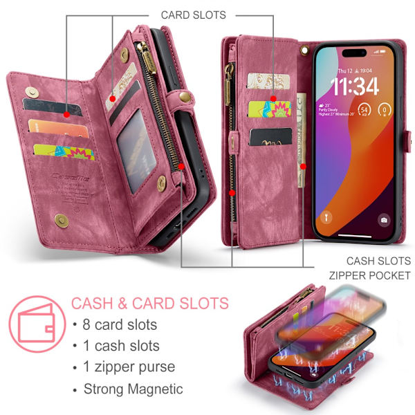 CaseMe Multi-Slot 2 i 1 Plånboksfodral iPhone 16 Pro Punainen