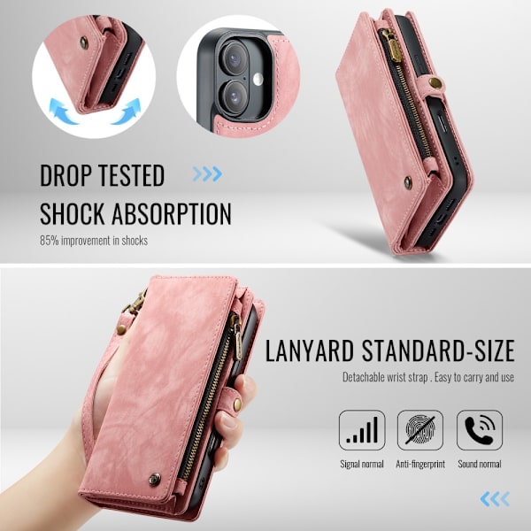 CaseMe Multi-Slot 2 i 1 Plånboksfodral iPhone 16 Rosa