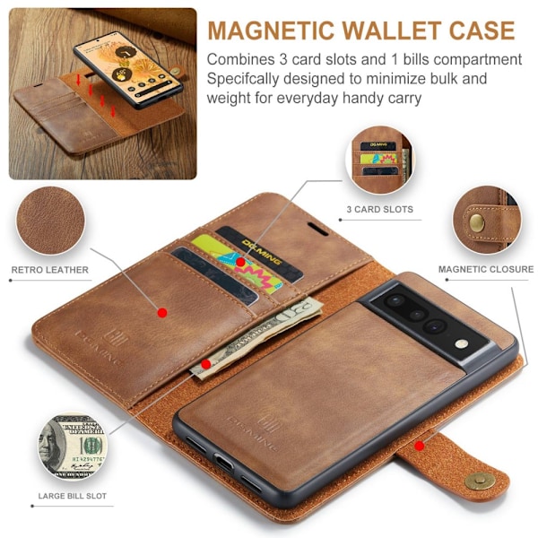 DG.MING 2-in-1 Magnet Wallet Google Pixel 7 Pro Cognac