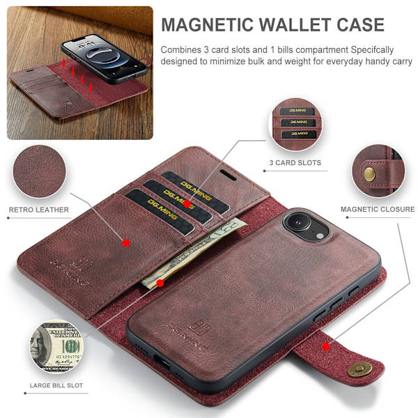 DG.MING 2-i-1 Magnet Wallet iPhone 16e Rød