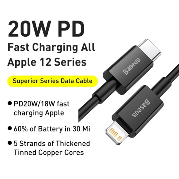 Baseus Hurtigopladningskabel USB C til Lightning 20W 2m Sort