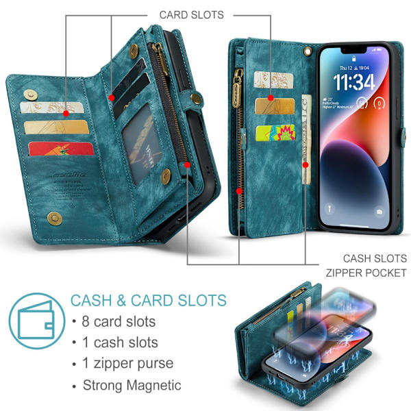 CaseMe Multi-Slot 2 i 1 Plånboksfodral iPhone 15 Blå