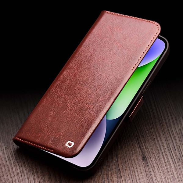 Qialino Nahkainen Lompakkokotelo iPhone 14 Cognac