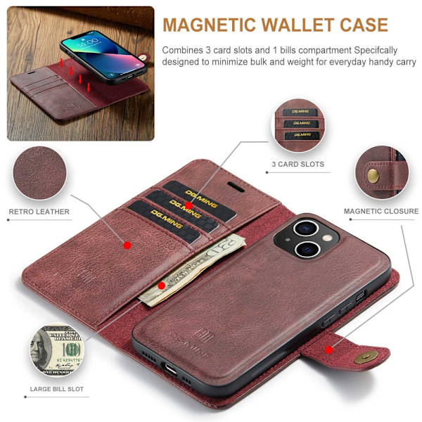 DG.MING 2-i-1 Magnet Pung iPhone 14 Plus Rød