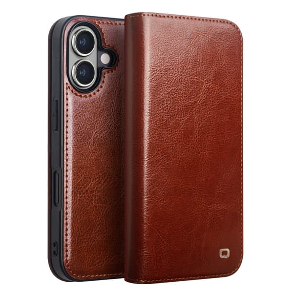 Qialino Plånboksfodral Läder iPhone 16 Brun