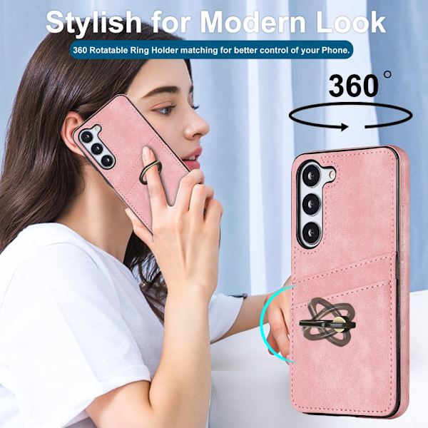 Samsung Galaxy S24 -kuori korttipaikalla ja rengaspidikkeellä, vaaleanpunainen