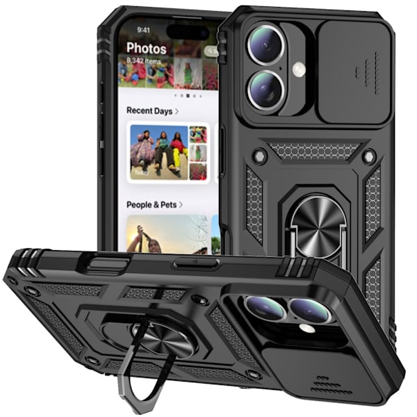 Hybridskal iPhone 16 Plus Ring + Kamerabeskyttelse Sort