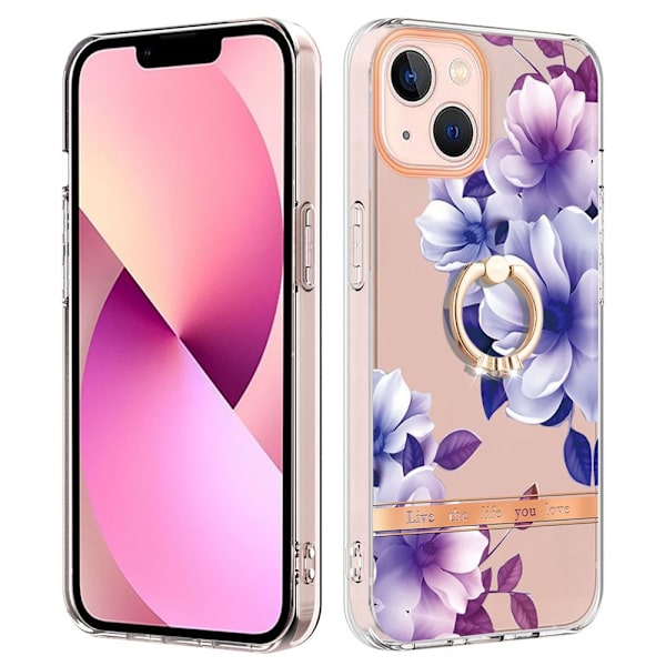 TPU Skal iPhone 15 Ringholder Blå Blomster