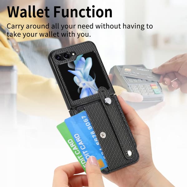 Cover til Samsung Galaxy Z Flip 7 FE Kortlomme + Håndstrop Sort