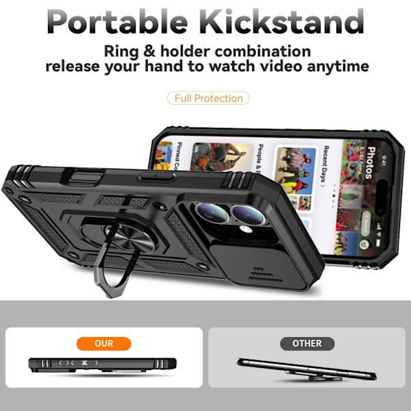Hybridskal iPhone 16 Plus Ring + Kamerabeskyttelse Sort