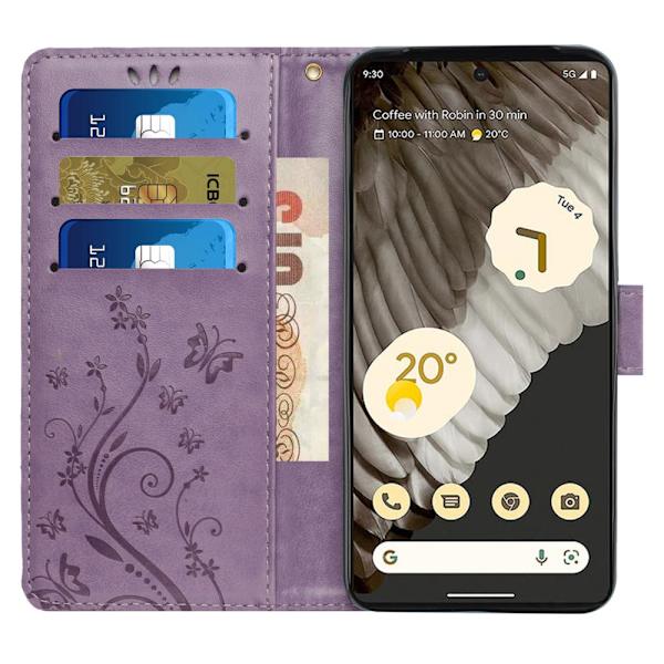 Perhoskuvioitu nahkakotelo Google Pixel 8 Prolle, lila