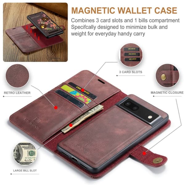 DG.MING 2-i-1 Magnetiskt Plånboksfodral Google Pixel 7 Röd