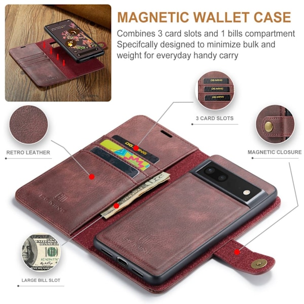 DG.MING 2-in-1 Magnet Wallet Google Pixel 7 Red