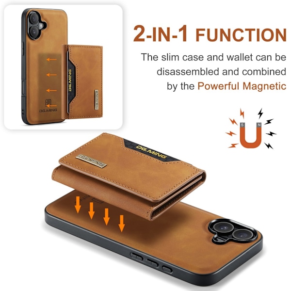 DG.MING 2 in 1 Magnetic Card Slot Case iPhone 16 Cognac