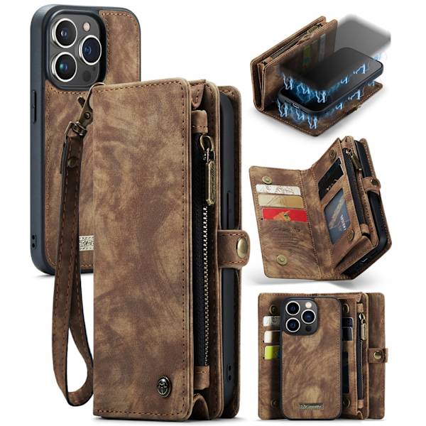 CaseMe Multi-Slot 2 i 1 Plånboksfodral iPhone 15 Pro Ruskea