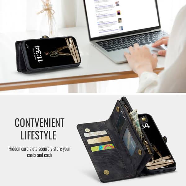 CaseMe Multi-Slot 2 i 1 Plånboksfodral iPhone 16 Musta
