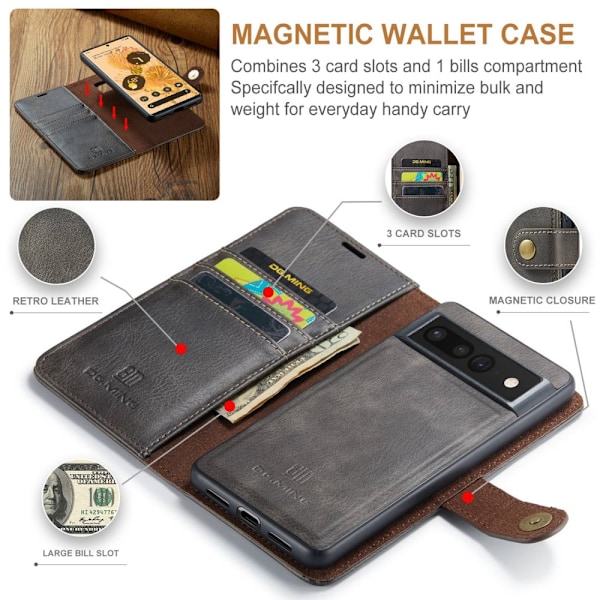 DG.MING 2-in-1 Magnet Wallet Google Pixel 7 Pro Brown