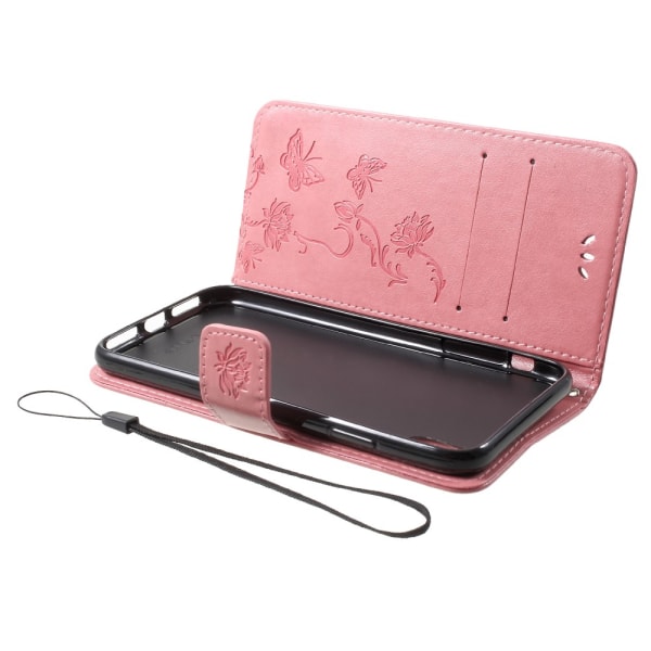 Läderfodral Fjärilar iPhone XR Rosa