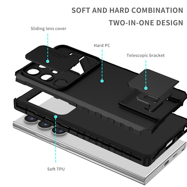 Kickstand Cover Samsung Galaxy S24 Ultra Kamerabeskyttelse Sort