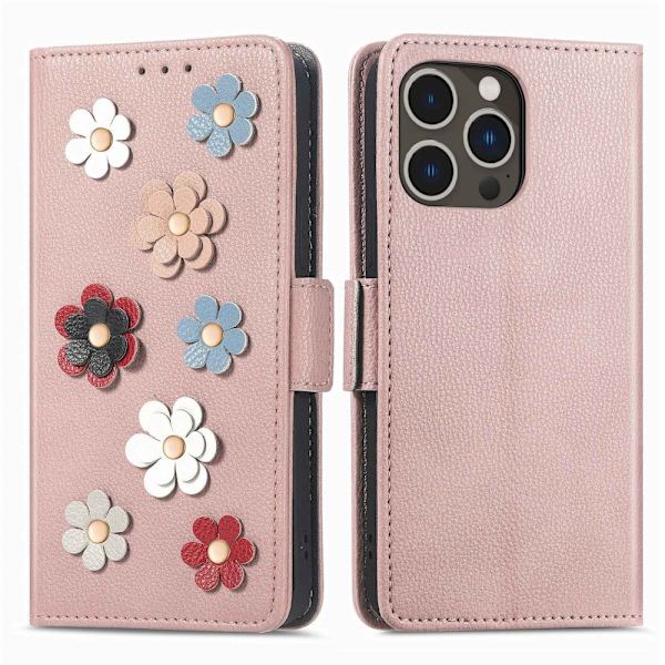 iPhone 14 Pro Max -lompakkokotelo Kukka Ruusukulta