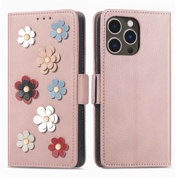 iPhone 14 Pro Max -lompakkokotelo kukkia ruusukulta